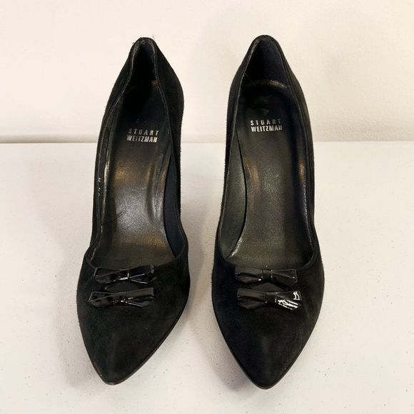 Stuart Weitzman Black Suede Pointed Toe Wedge Pumps with Bows - Picture 2 of 8
